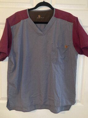 Carhartt Men's Ripstop Gray/Maroon Color-Block Utility Scrub Top - Size L